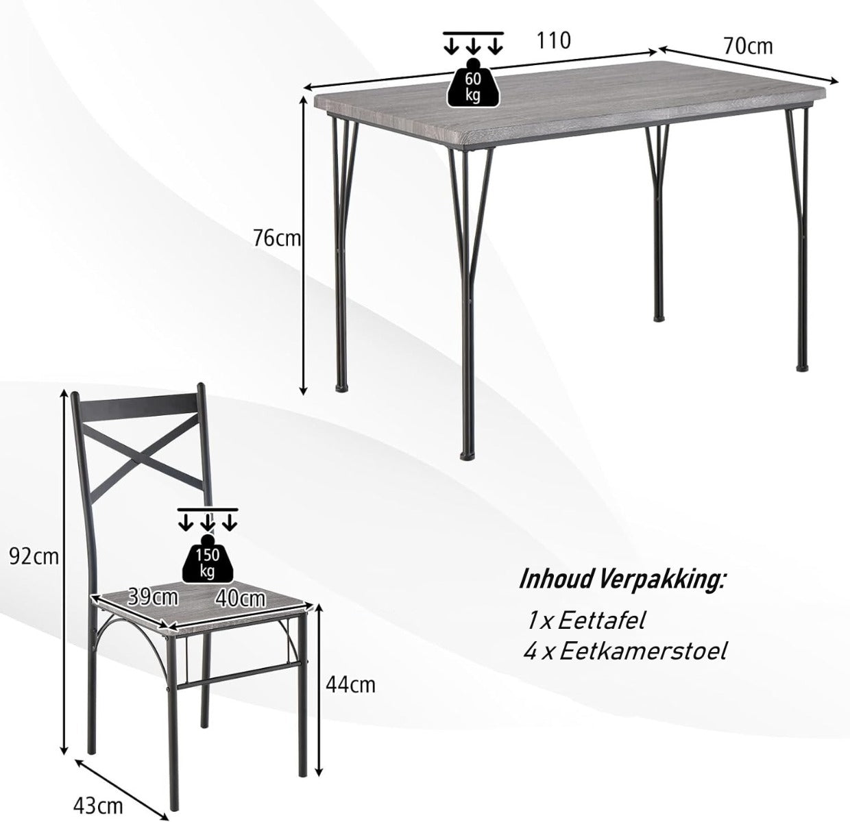 LIVSK 5-delige Eettafel Set - Rechthoekige Tafel 110 x 70 x 76 cm & 4 Stoelen - Stevig Metalen Frame - Ruimtebesparend - Grijs