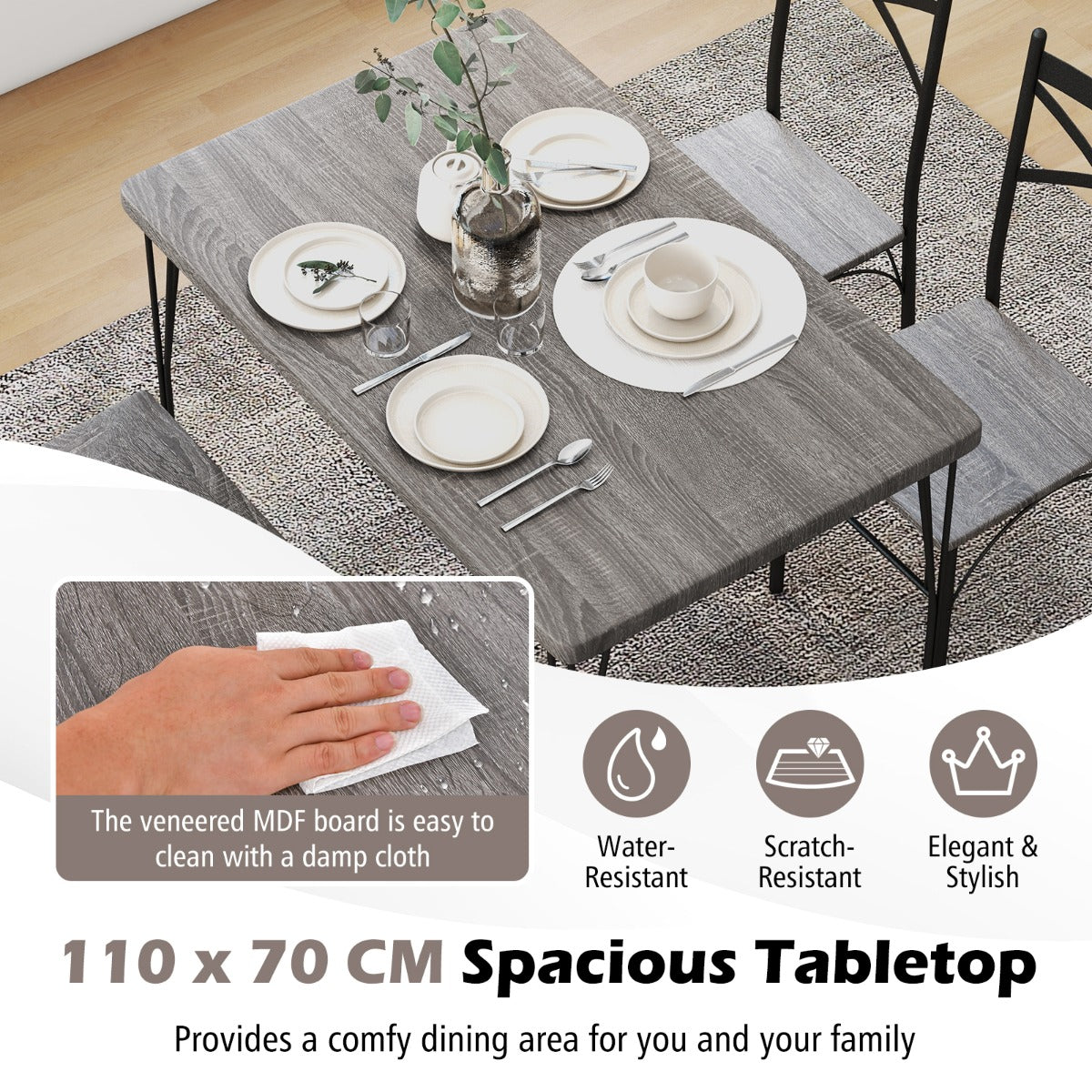 LIVSK 5-delige Eettafel Set - Rechthoekige Tafel 110 x 70 x 76 cm & 4 Stoelen - Stevig Metalen Frame - Ruimtebesparend - Grijs