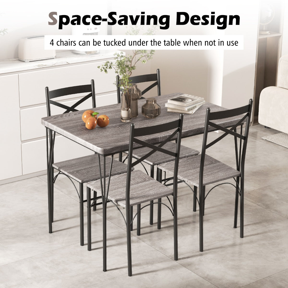 LIVSK 5-delige Eettafel Set - Rechthoekige Tafel 110 x 70 x 76 cm & 4 Stoelen - Stevig Metalen Frame - Ruimtebesparend - Grijs
