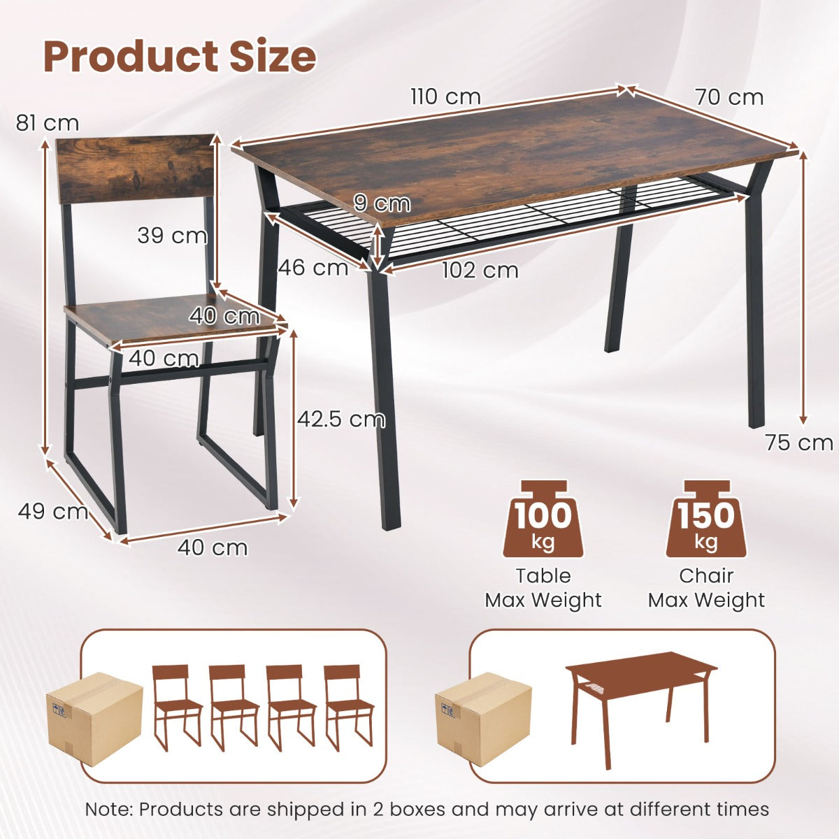 LIVSK Eetset voor 4 Personen - Rechthoekige Tafel met Opbergplank - Verstelbare Stoelen - Duurzaam Metaal - 110 x 70 x 75 cm -