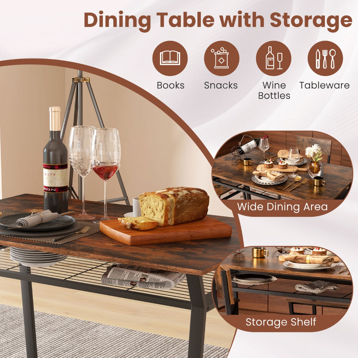 LIVSK Eetset voor 4 Personen - Rechthoekige Tafel met Opbergplank - Verstelbare Stoelen - Duurzaam Metaal - 110 x 70 x 75 cm -
