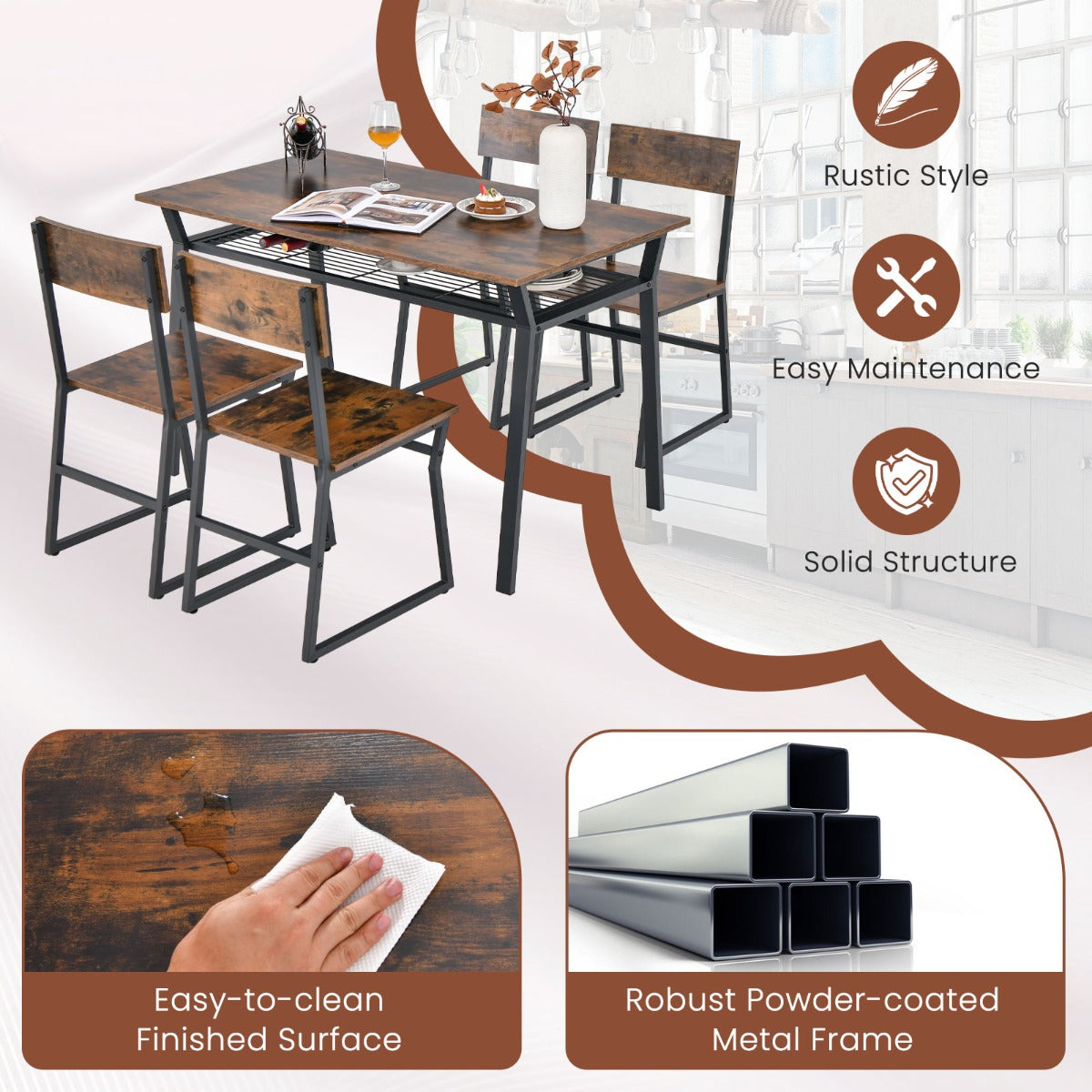 LIVSK Eetset voor 4 Personen - Rechthoekige Tafel met Opbergplank - Verstelbare Stoelen - Duurzaam Metaal - 110 x 70 x 75 cm -