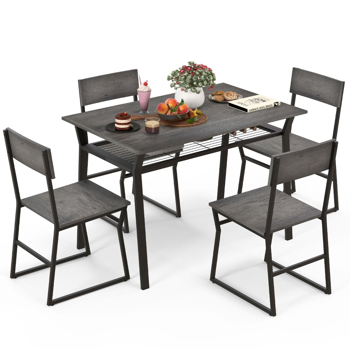 LIVSK Eetset met 4 Stoelen - Verstelbare Rugleuningen - Opbergplank - Stabiel Metalen Frame - 110 x 70 x 75 cm - Grijs