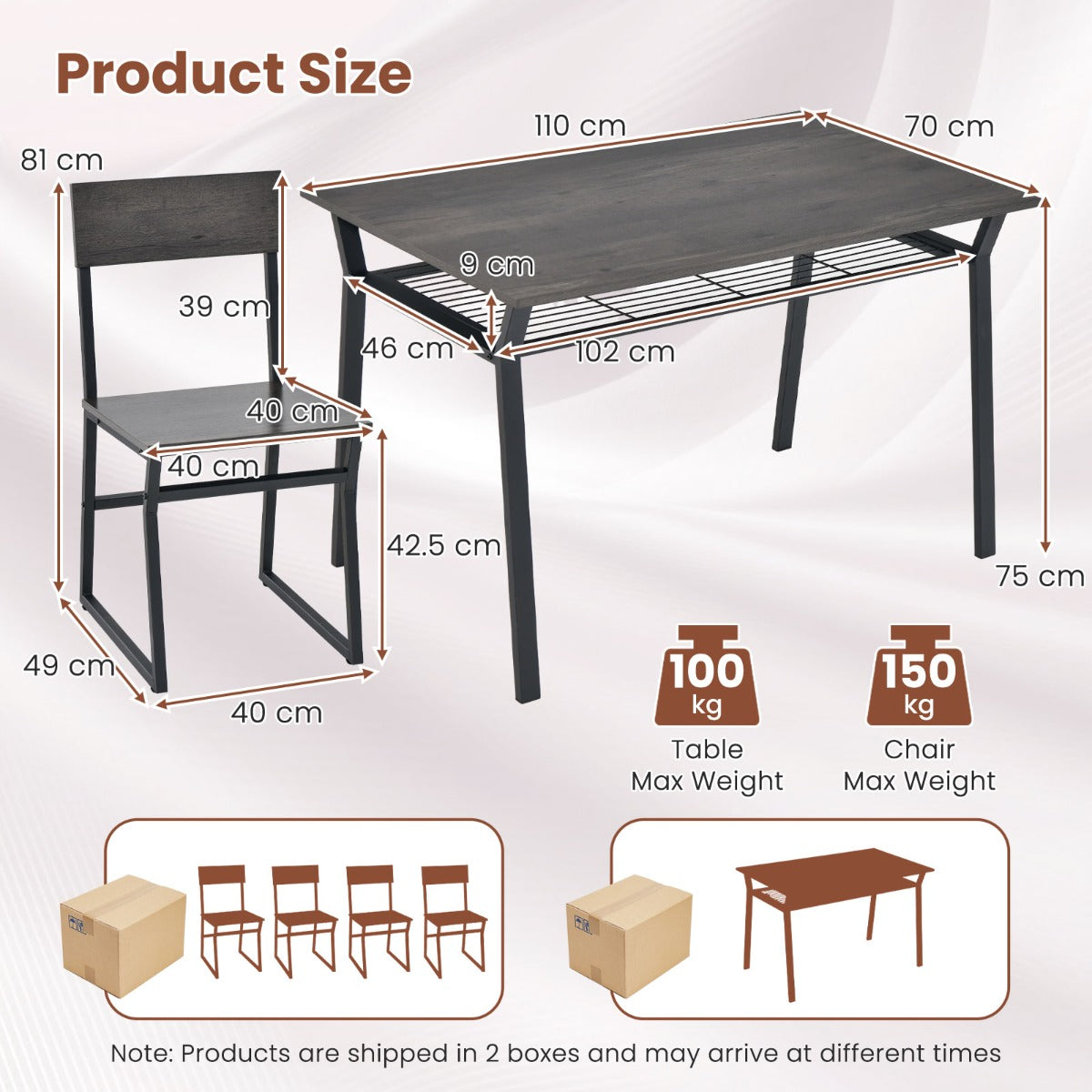 LIVSK Eetset met 4 Stoelen - Verstelbare Rugleuningen - Opbergplank - Stabiel Metalen Frame - 110 x 70 x 75 cm - Grijs