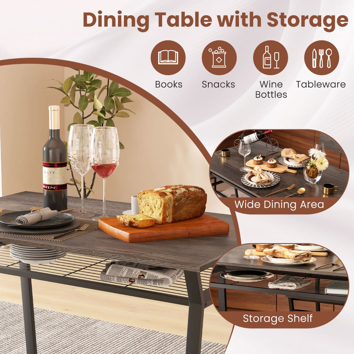 LIVSK Eetset met 4 Stoelen - Verstelbare Rugleuningen - Opbergplank - Stabiel Metalen Frame - 110 x 70 x 75 cm - Grijs