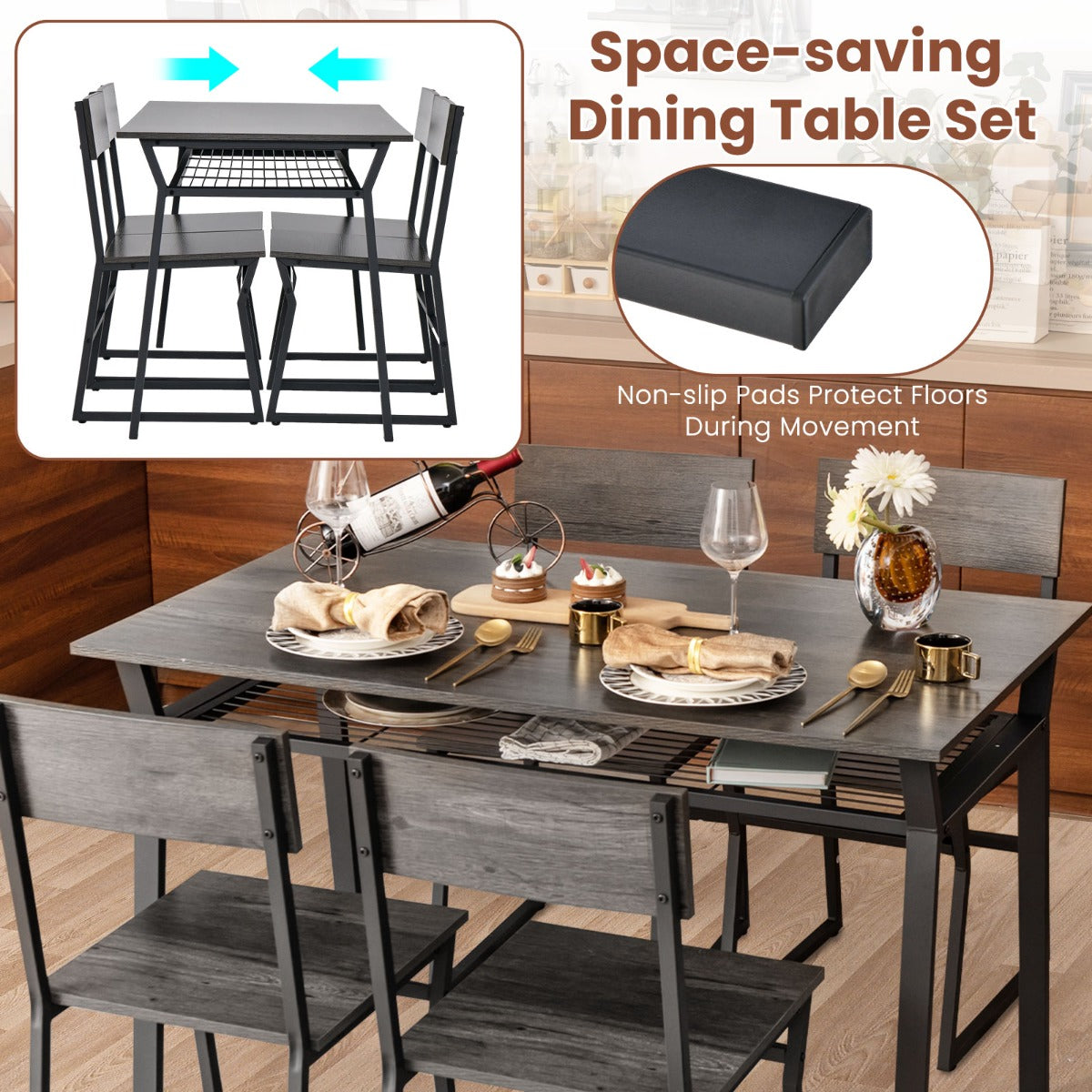 LIVSK Eetset met 4 Stoelen - Verstelbare Rugleuningen - Opbergplank - Stabiel Metalen Frame - 110 x 70 x 75 cm - Grijs