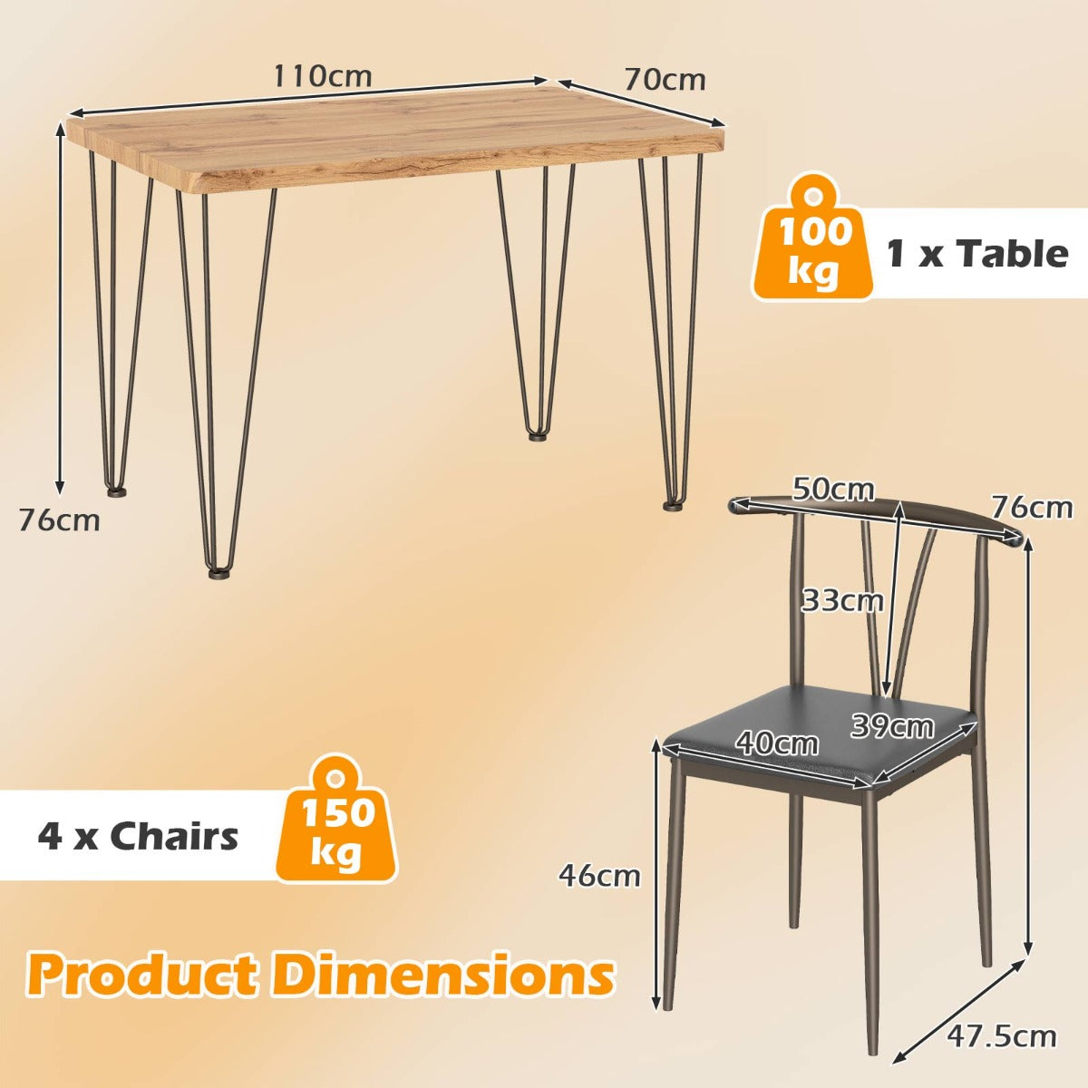 Livsk costway 5 delige eettafelset rechthoekige industriele tafel 4 stoelen zonder armleuningen met gestoffeerde zitting eethoek met metalen frame 2