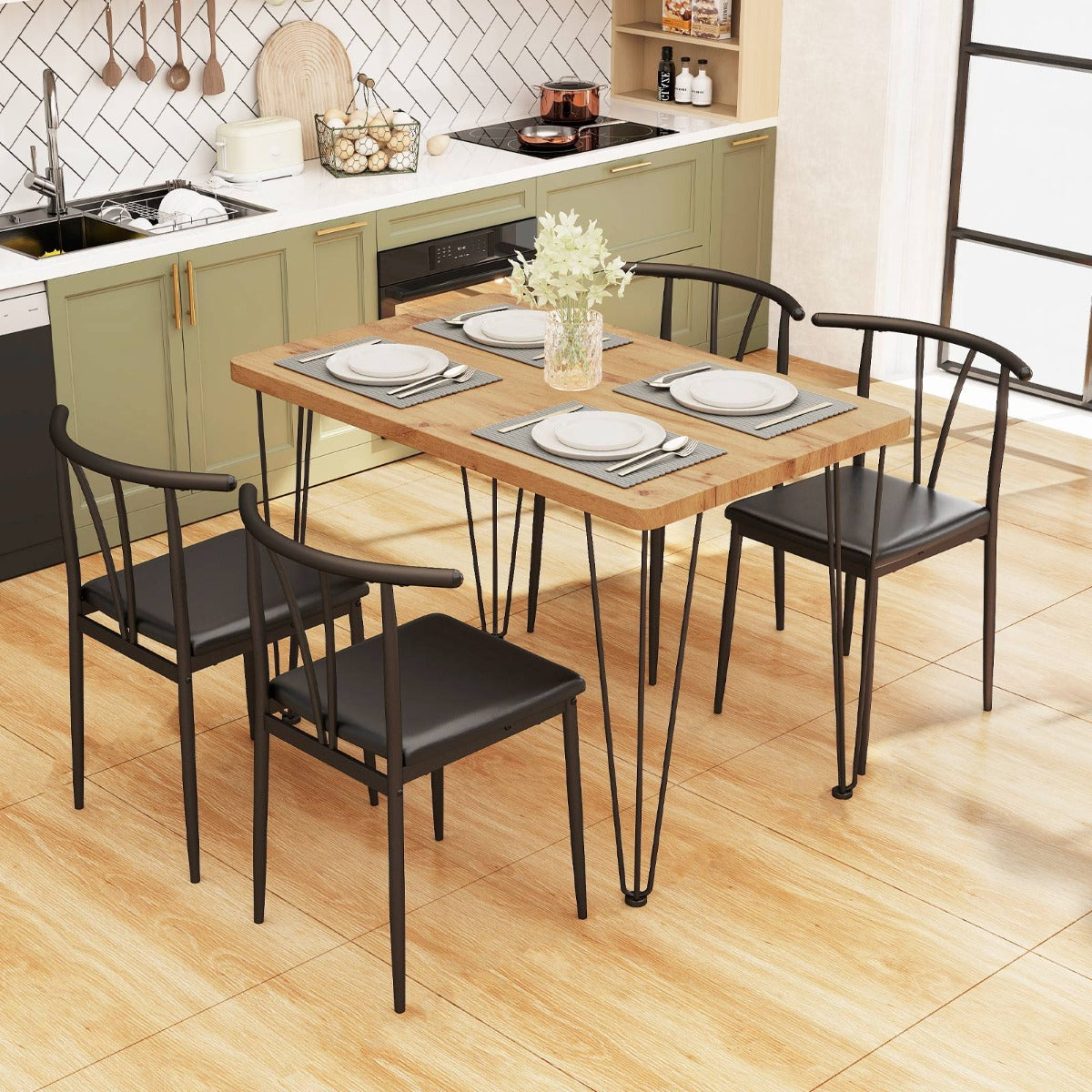Livsk costway 5 delige eettafelset rechthoekige industriele tafel 4 stoelen zonder armleuningen met gestoffeerde zitting eethoek met metalen frame 6