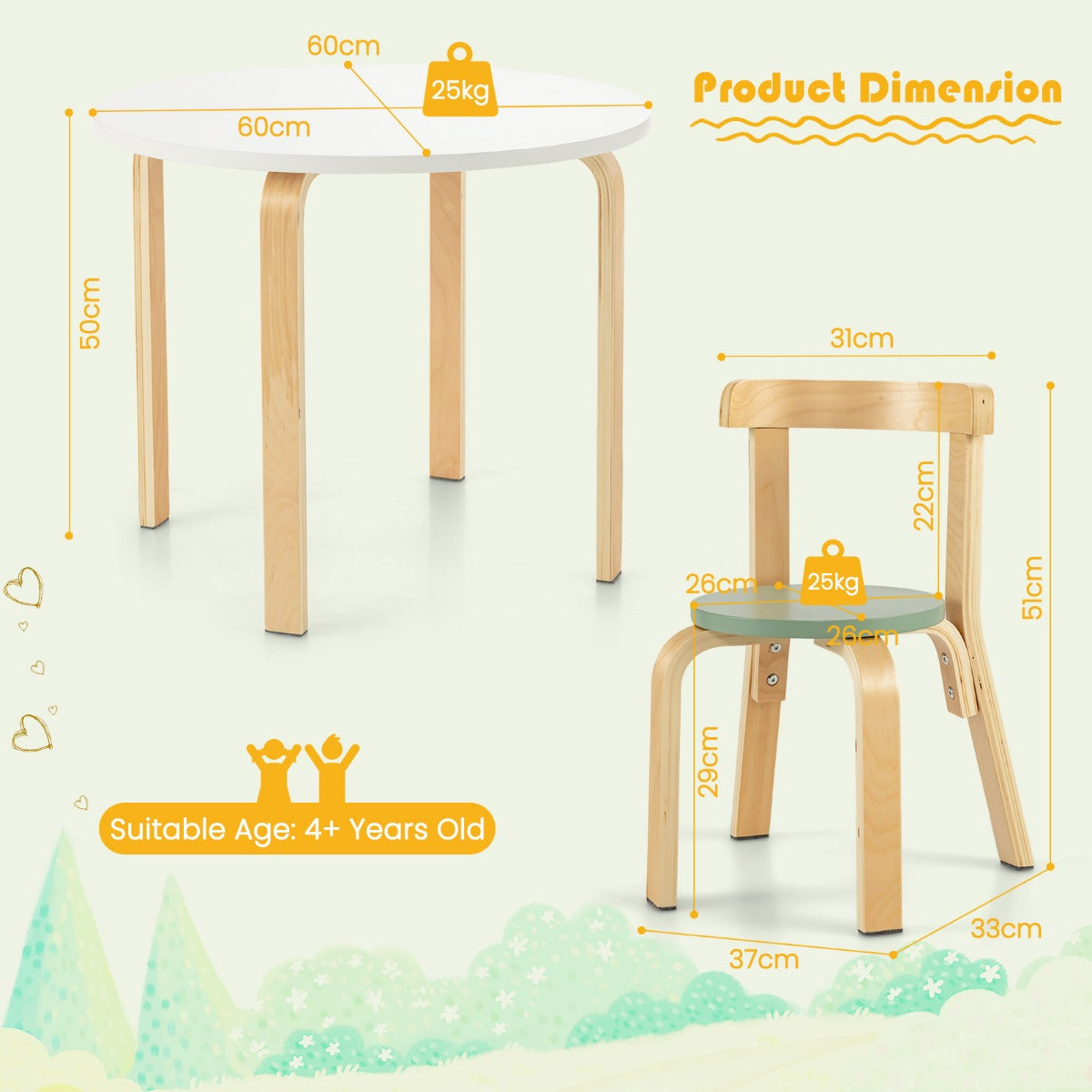 LIVSK Kindertafel- en Stoelenset - 5-delig - Ronde Tafel met 4 Stoelen - Ergonomisch en Veilig - Voor Kinderen 4+ - Kleurrijk