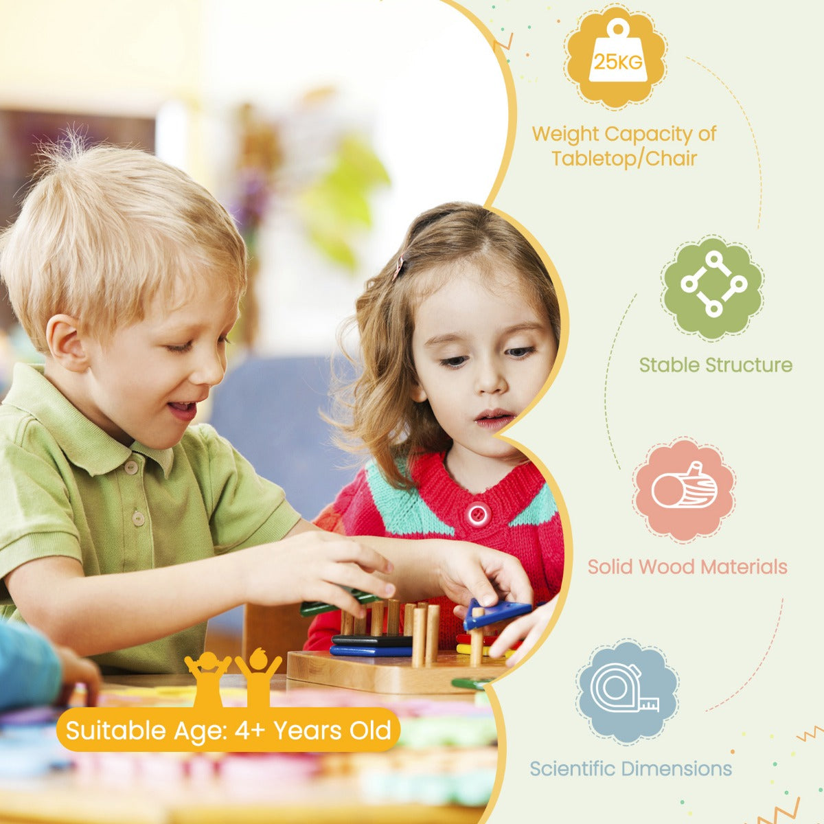 LIVSK Kindertafel- en Stoelenset - 5-delig - Ronde Tafel met 4 Stoelen - Ergonomisch en Veilig - Voor Kinderen 4+ - Kleurrijk