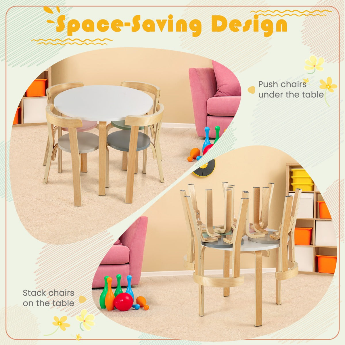LIVSK Kindertafel- en Stoelenset - 5-delig - Ronde Tafel met 4 Stoelen - Ergonomisch en Veilig - Voor Kinderen 4+ - Kleurrijk
