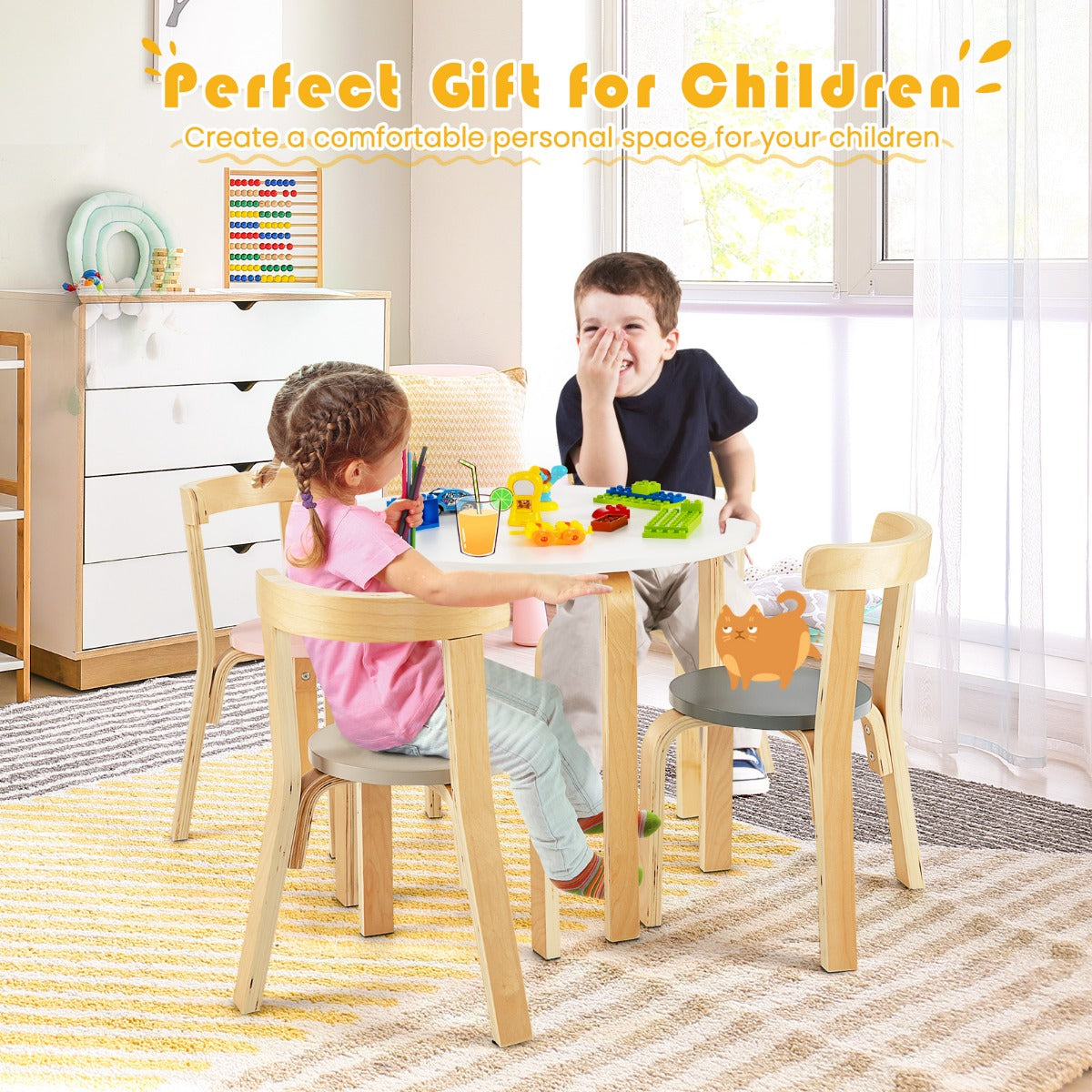 LIVSK Kindertafel- en Stoelenset - 5-delig - Ronde Tafel met 4 Stoelen - Ergonomisch en Veilig - Voor Kinderen 4+ - Kleurrijk