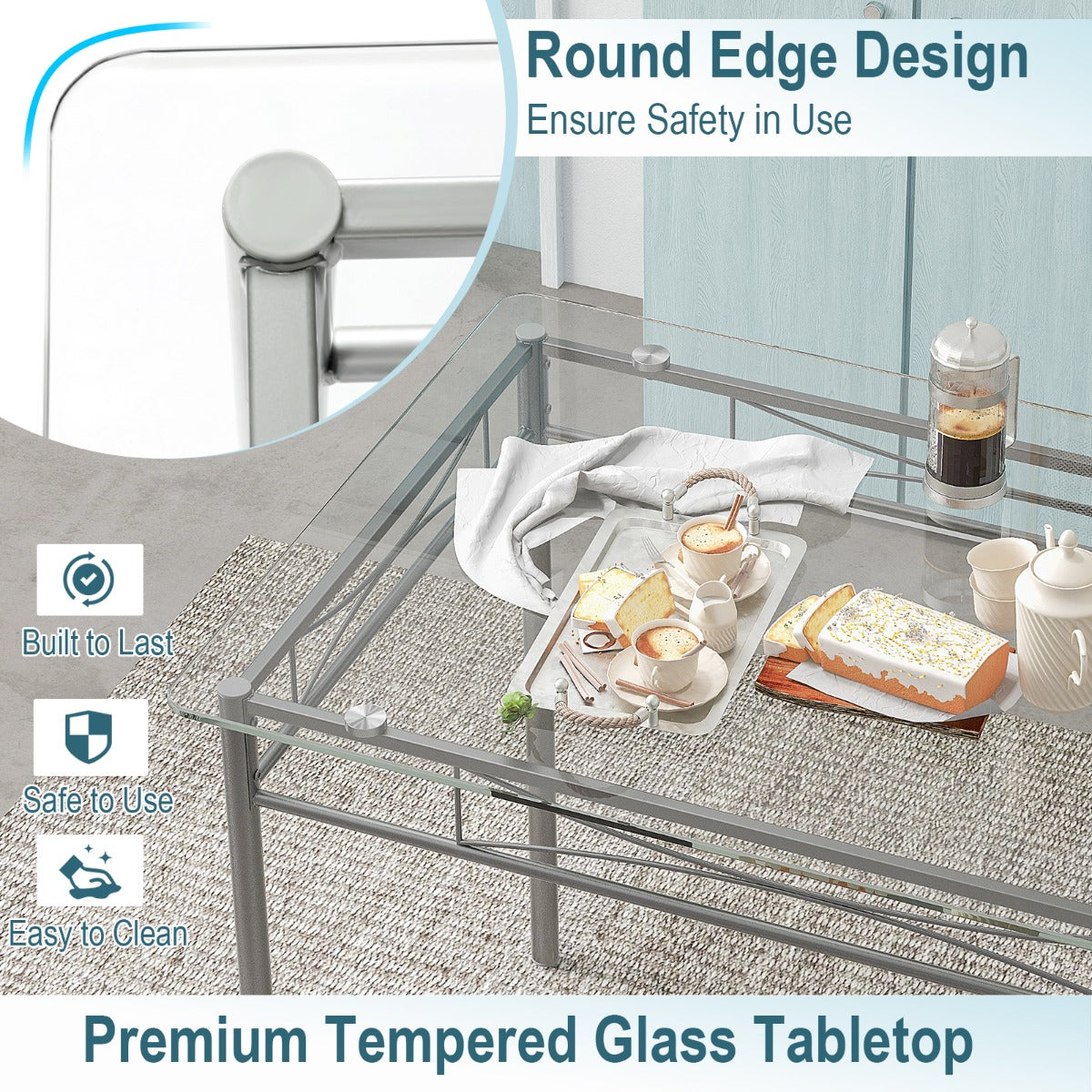 LIVSK 5-delige Glazen Eettafelset - Rechthoekige Tafel met 4 Stoelen - Ruimtebesparend - Ergonomische Rugleuning - Zoals afgebeeld