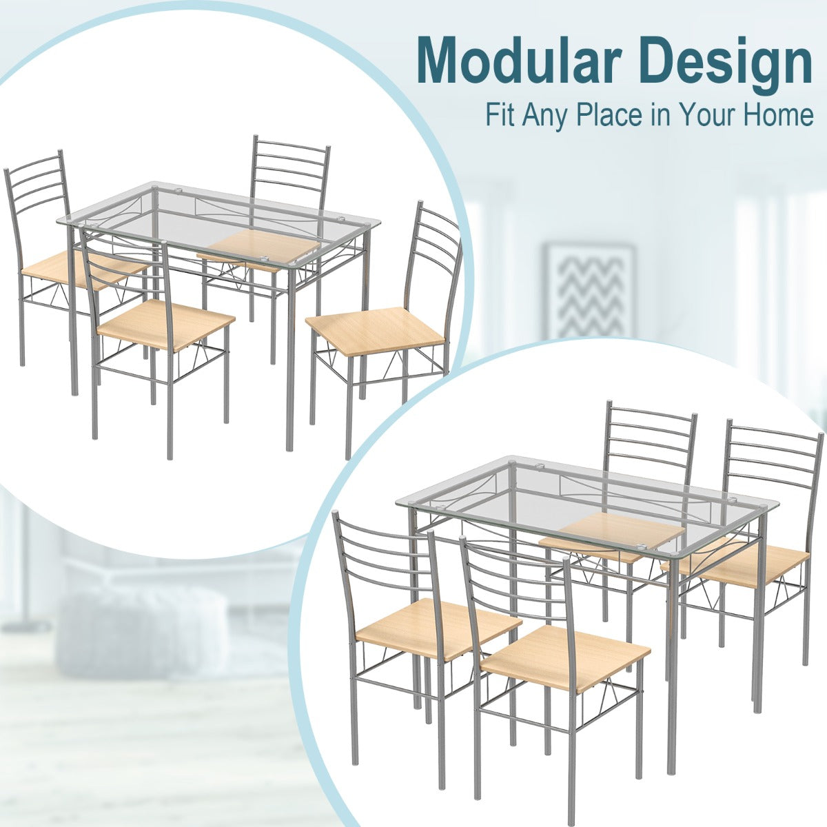 LIVSK 5-delige Glazen Eettafelset - Rechthoekige Tafel met 4 Stoelen - Ruimtebesparend - Ergonomische Rugleuning - Zoals afgebeeld