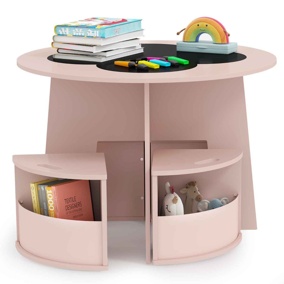 LIVSK Kindertafel en Stoelen Set - Ronde Tafel met 4 Stapelbare Krukken - Opbergvakken - Veilig en Waterdicht - Wit / Roze