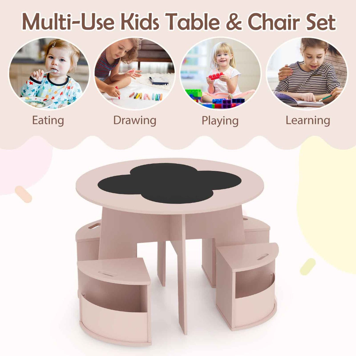 LIVSK Kindertafel en Stoelen Set - Ronde Tafel met 4 Stapelbare Krukken - Opbergvakken - Veilig en Waterdicht - Wit / Roze