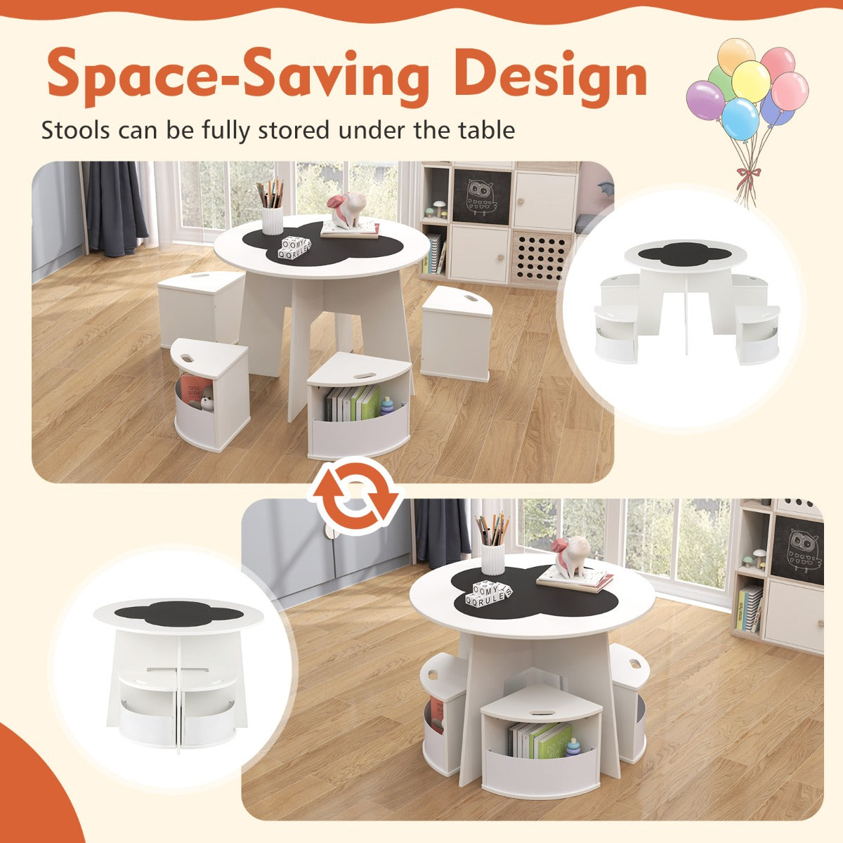 Livsk costway 5 delige kindertafel en stoelset ronde tafel met stapelbare activiteitenkrukken voor spelletjes lezen voor speelkamer wit 4