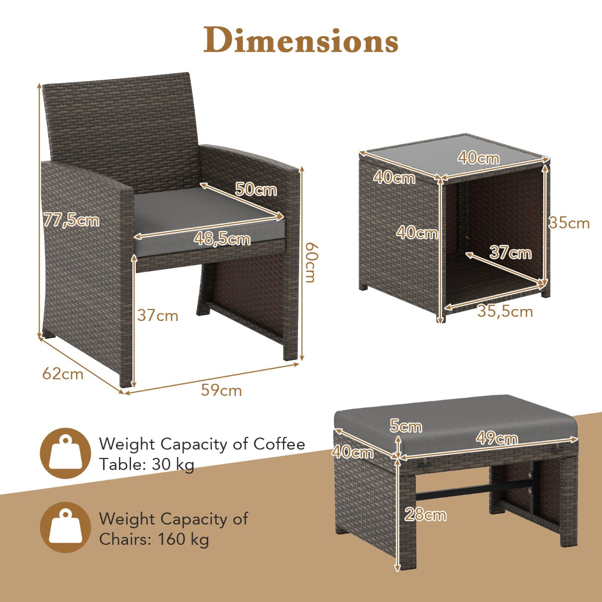 LIVSK 5-Delige PE Rotan Tuinmeubelset - 2 Fauteuils, 2 Voetenbankjes, Salontafel met Glazen Blad - Weerbestendig - Bruin & Grijs