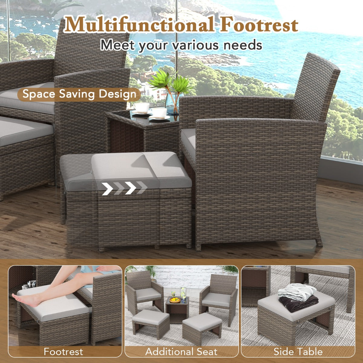 LIVSK 5-Delige PE Rotan Tuinmeubelset - 2 Fauteuils, 2 Voetenbankjes, Salontafel met Glazen Blad - Weerbestendig - Bruin & Grijs