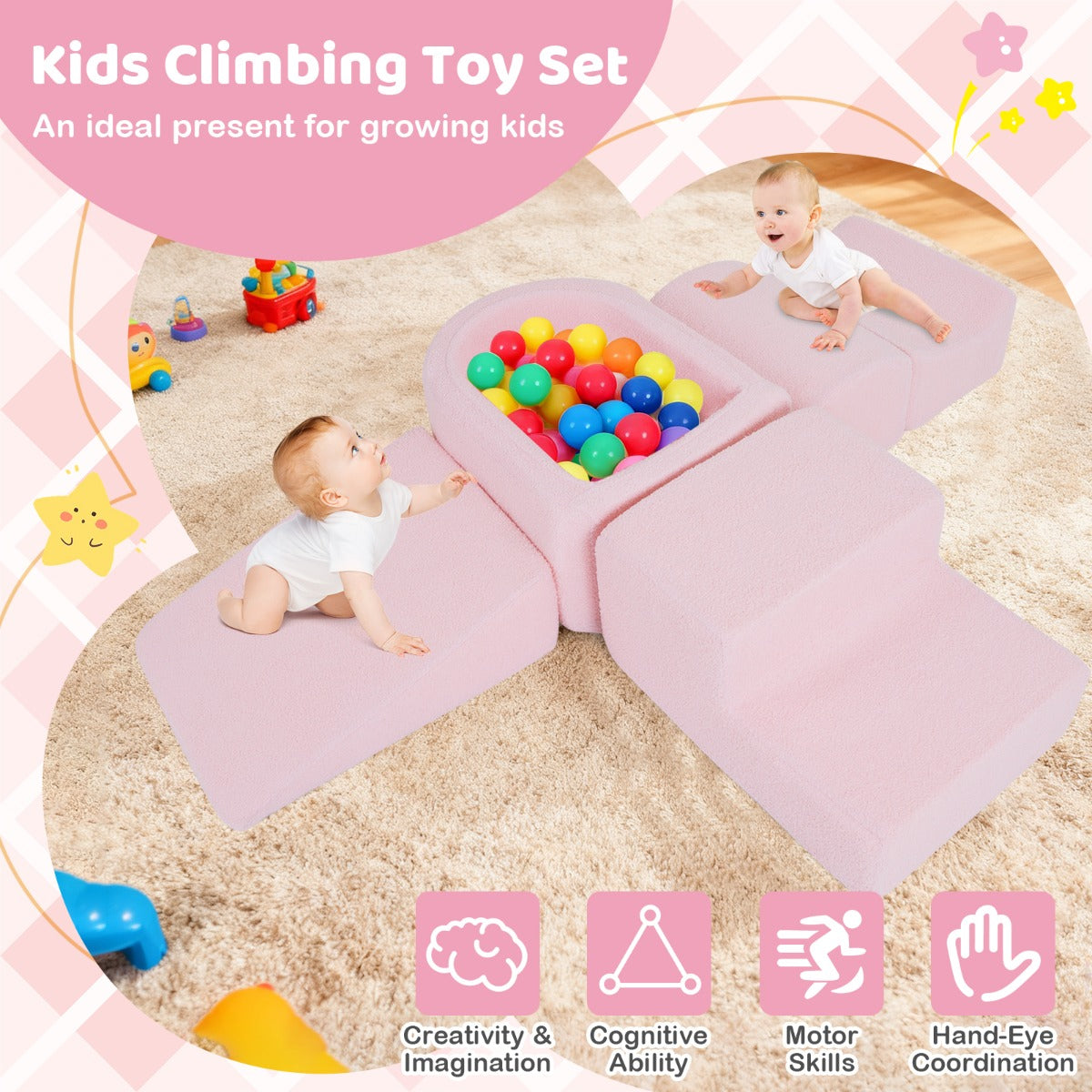 Livsk costway 5 delige motoriekbaan voor kinderen van schuimrubber met ballenbak motoriekmodule voor babys met wasbare sherpa hoes roze 6