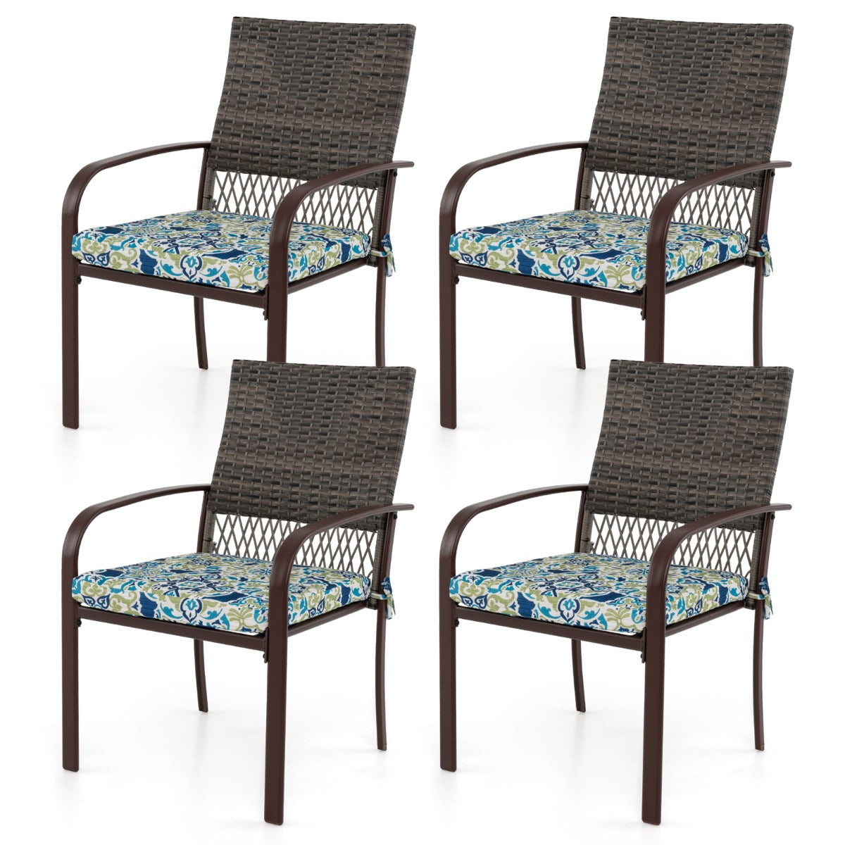 LIVSK 5-delige Tuinmeubelset - 4 Fauteuils met Bloemkussens - Kunststof Houten Tafel met Parasolgat - Comfortabel en Stijlvol -