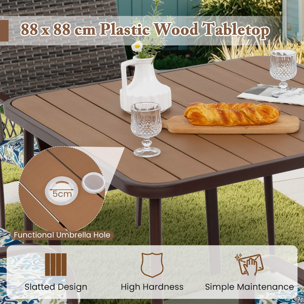LIVSK 5-delige Tuinmeubelset - 4 Fauteuils met Bloemkussens - Kunststof Houten Tafel met Parasolgat - Comfortabel en Stijlvol -
