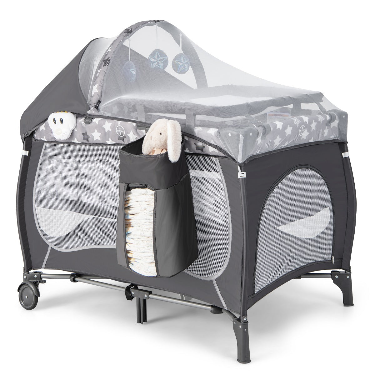 LIVSK 5-in-1 Babybedje met Opbergtas - Reisbed, Wieg, Commode en Box - Inclusief Baldakijn en Muziekdoos - Voor 0-36 maanden -