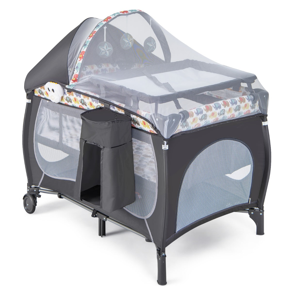 LIVSK 5-in-1 Multifunctioneel Babybedje - Inclusief Luiertafel, Baldakijn en Hangspeelgoed - Draagbaar en Opvouwbaar - Kleurrijk