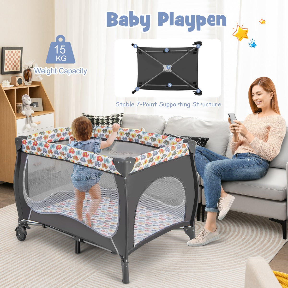 LIVSK 5-in-1 Multifunctioneel Babybedje - Inclusief Luiertafel, Baldakijn en Hangspeelgoed - Draagbaar en Opvouwbaar - Kleurrijk
