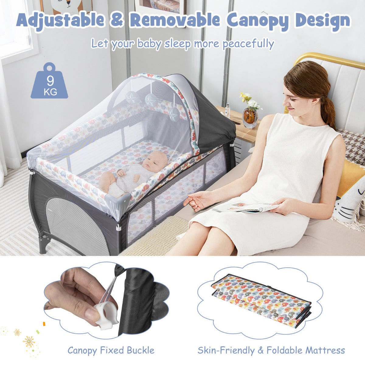 LIVSK 5-in-1 Multifunctioneel Babybedje - Inclusief Luiertafel, Baldakijn en Hangspeelgoed - Draagbaar en Opvouwbaar - Kleurrijk