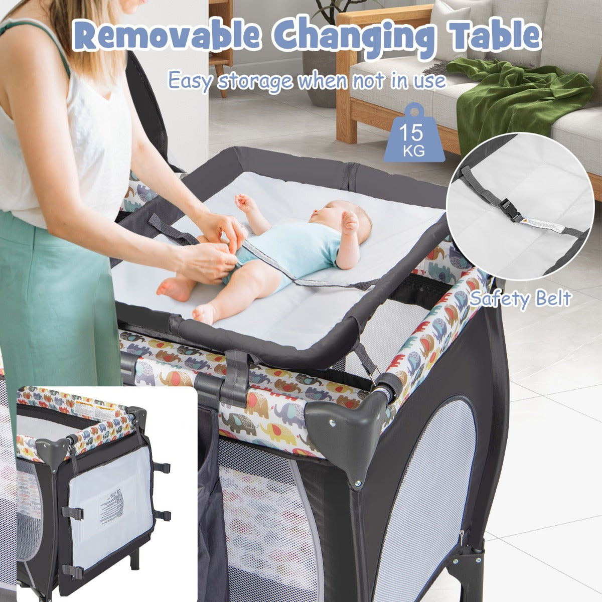 LIVSK 5-in-1 Multifunctioneel Babybedje - Inclusief Luiertafel, Baldakijn en Hangspeelgoed - Draagbaar en Opvouwbaar - Kleurrijk