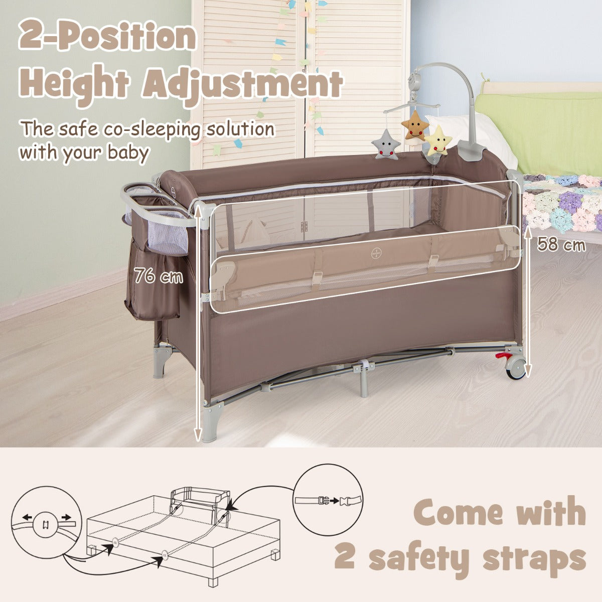 LIVSK 5-in-1 Babykamercentrum - Wieg, Luiertafel, Box, Activiteitencentrum - Veiligheidsriemen - Draagbaar - Bruin