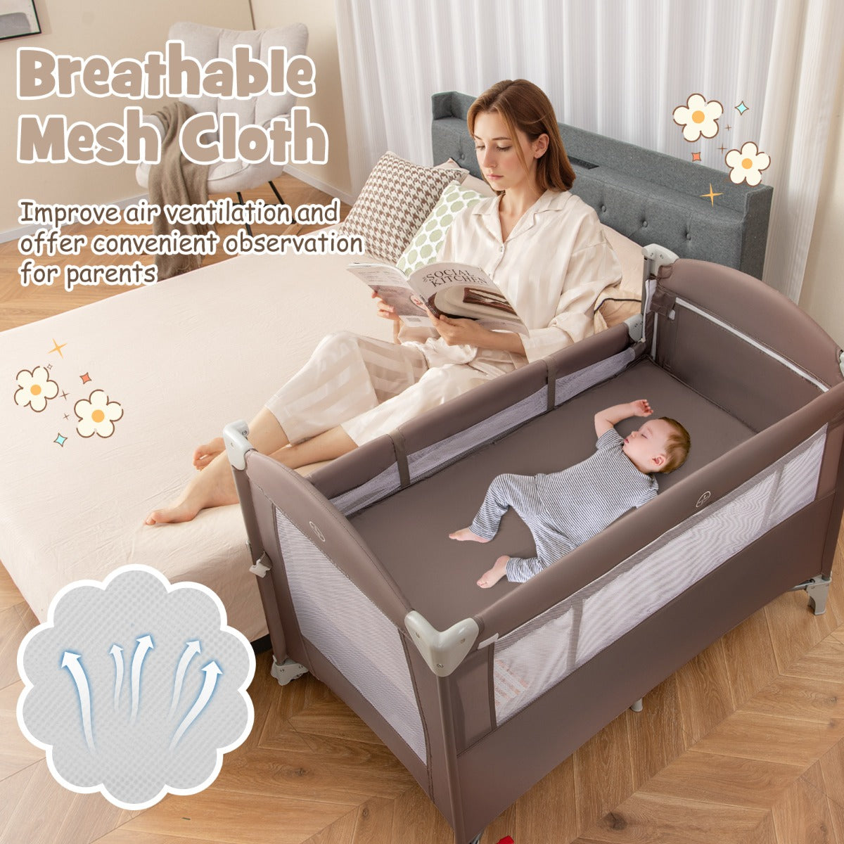 LIVSK 5-in-1 Babykamercentrum - Wieg, Luiertafel, Box, Activiteitencentrum - Veiligheidsriemen - Draagbaar - Bruin