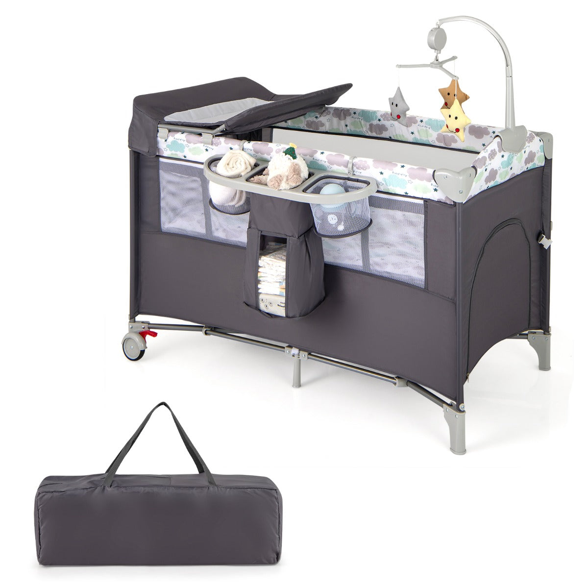 LIVSK 5-in-1 Babycentrum - Wieg, Luiertafel, Box en Activiteitencentrum - Veiligheidsriemen - Draagbaar - 125 x 65 x 76 cm - Grijs