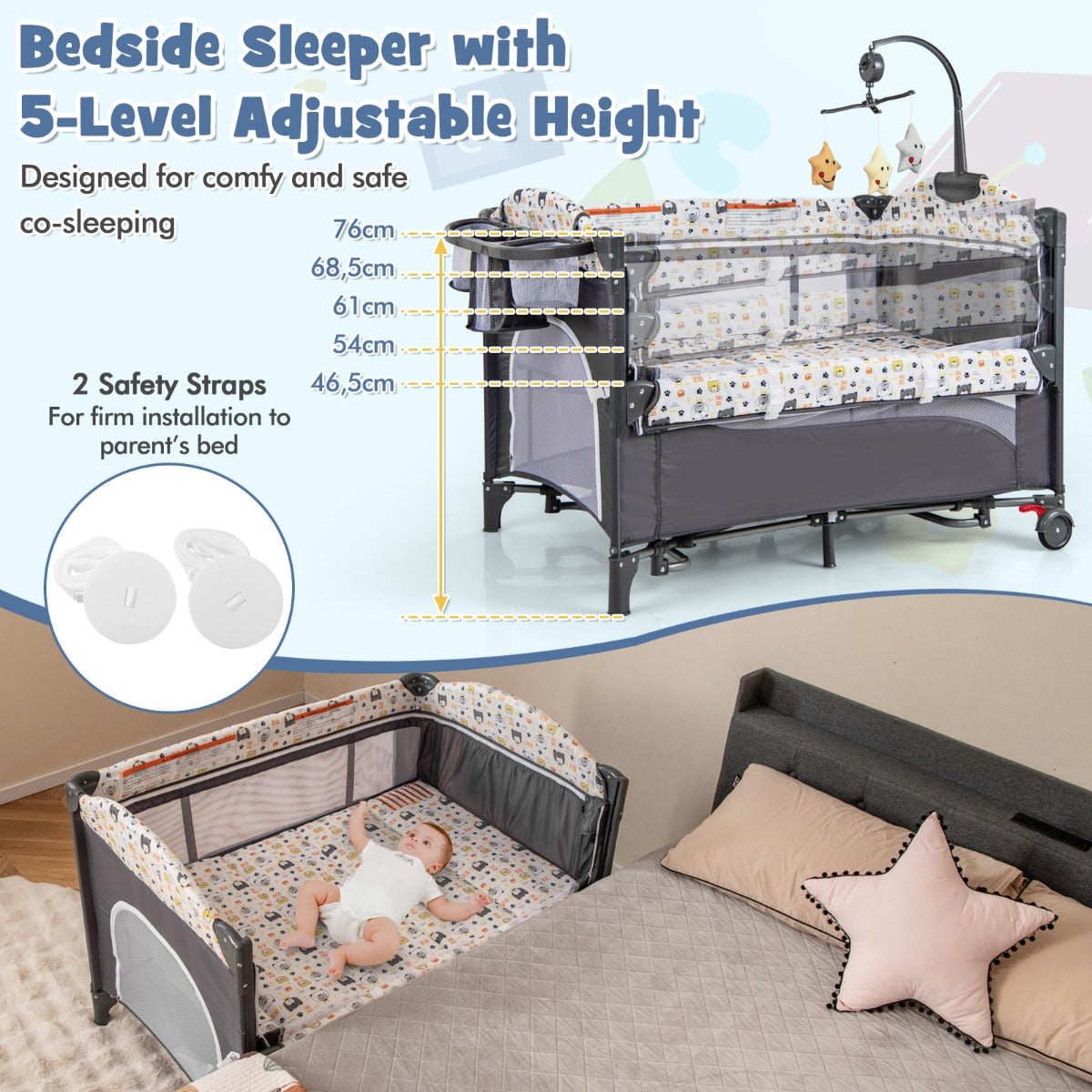 LIVSK 5-in-1 Babywieg - Schommelwieg, Verschoontafel, Vrijstaand Bed, Babyloopstal - Voor Baby's tot 9 maanden - Grijs