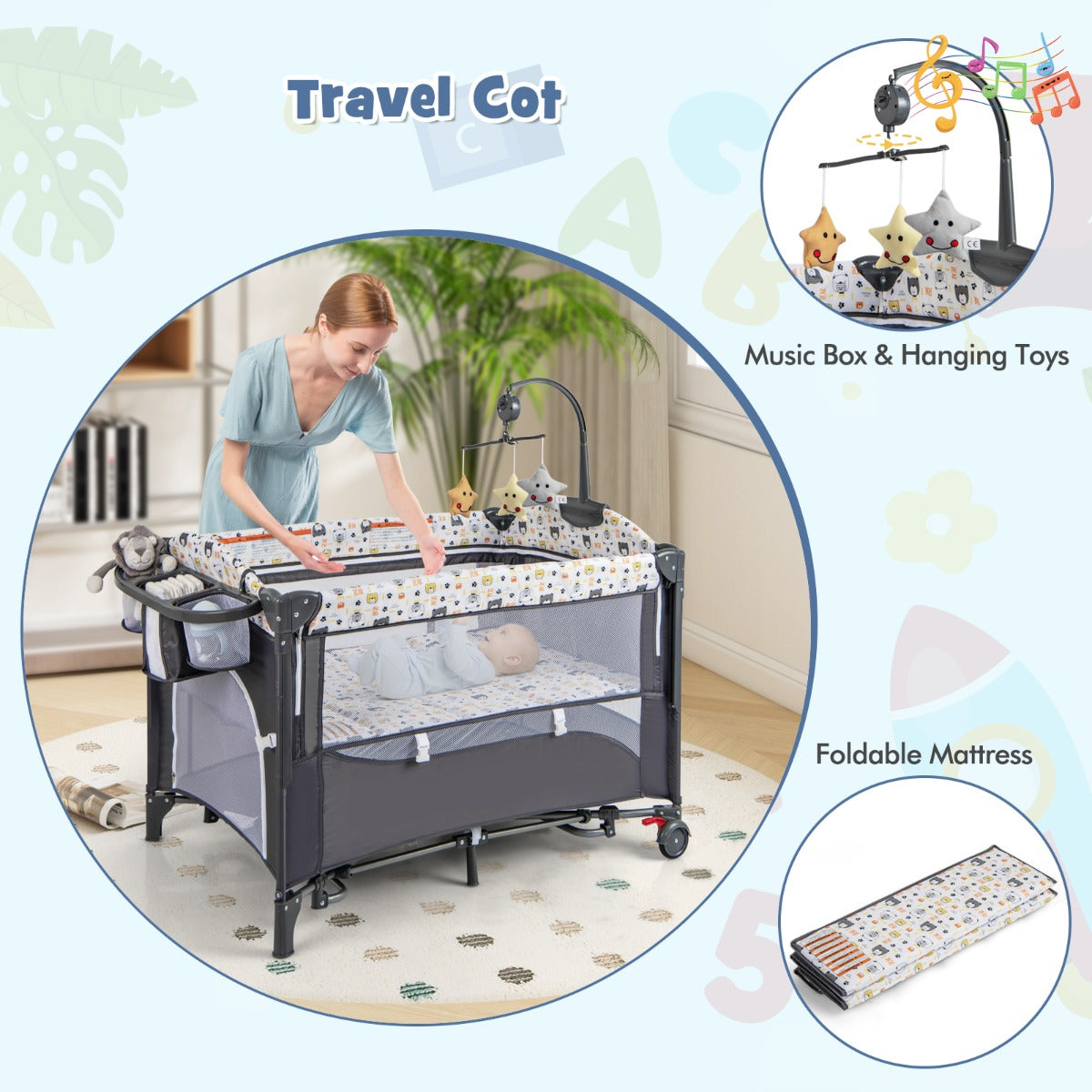 LIVSK 5-in-1 Babywieg - Schommelwieg, Verschoontafel, Vrijstaand Bed, Babyloopstal - Voor Baby's tot 9 maanden - Grijs