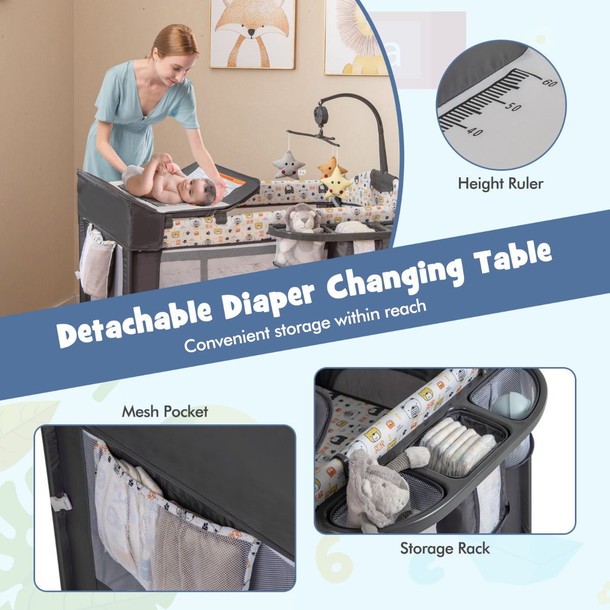 LIVSK 5-in-1 Babywieg - Schommelwieg, Verschoontafel, Vrijstaand Bed, Babyloopstal - Voor Baby's tot 9 maanden - Grijs