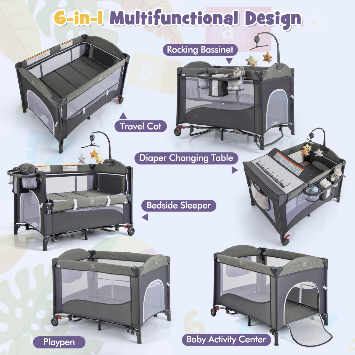 LIVSK 5-in-1 Multifunctionele Babywieg - Veiligheidsriem - Speelboog met Speeldoos - Eenvoudige Montage - Voor 0-9 maanden -