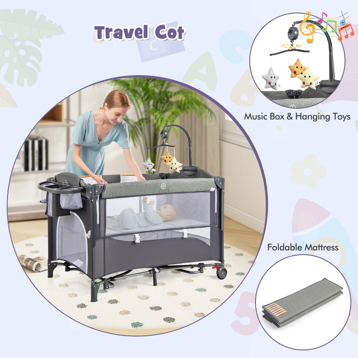 LIVSK 5-in-1 Multifunctionele Babywieg - Veiligheidsriem - Speelboog met Speeldoos - Eenvoudige Montage - Voor 0-9 maanden -