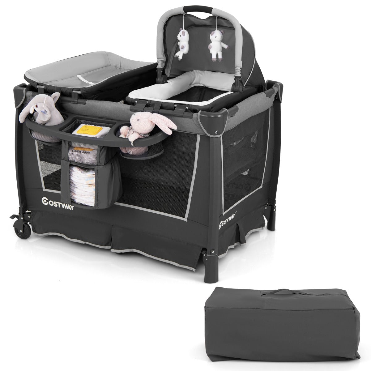 Livsk costway 5 in 1 babybedje opvouwbaar reisbedje met afneembare wieg ankleedkussen matras opbergrek grijs 1 1