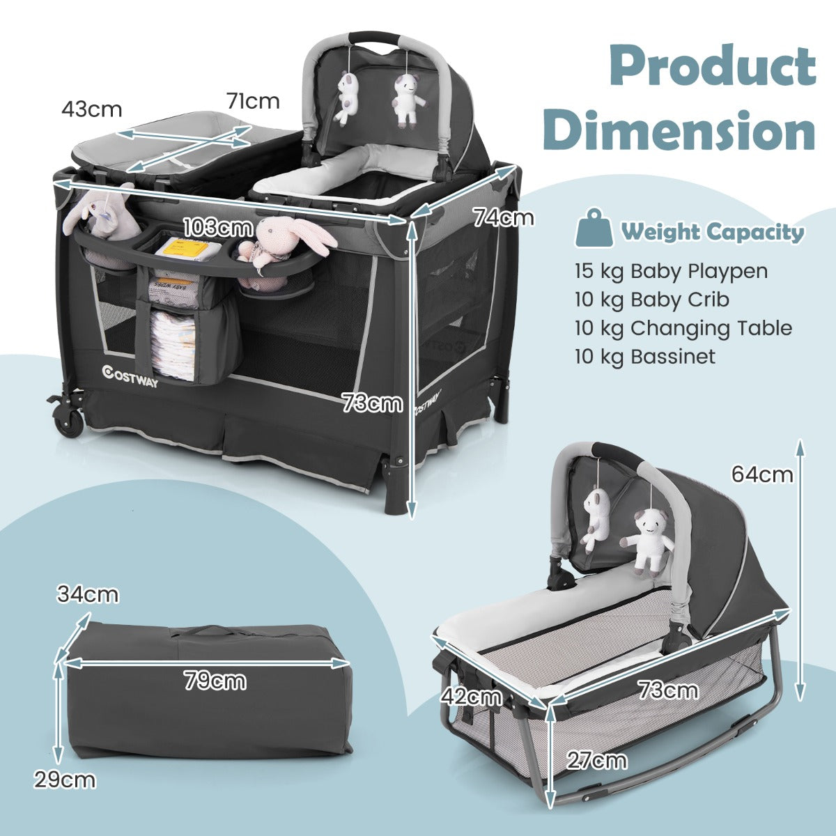 Livsk costway 5 in 1 babybedje opvouwbaar reisbedje met afneembare wieg ankleedkussen matras opbergrek grijs 2