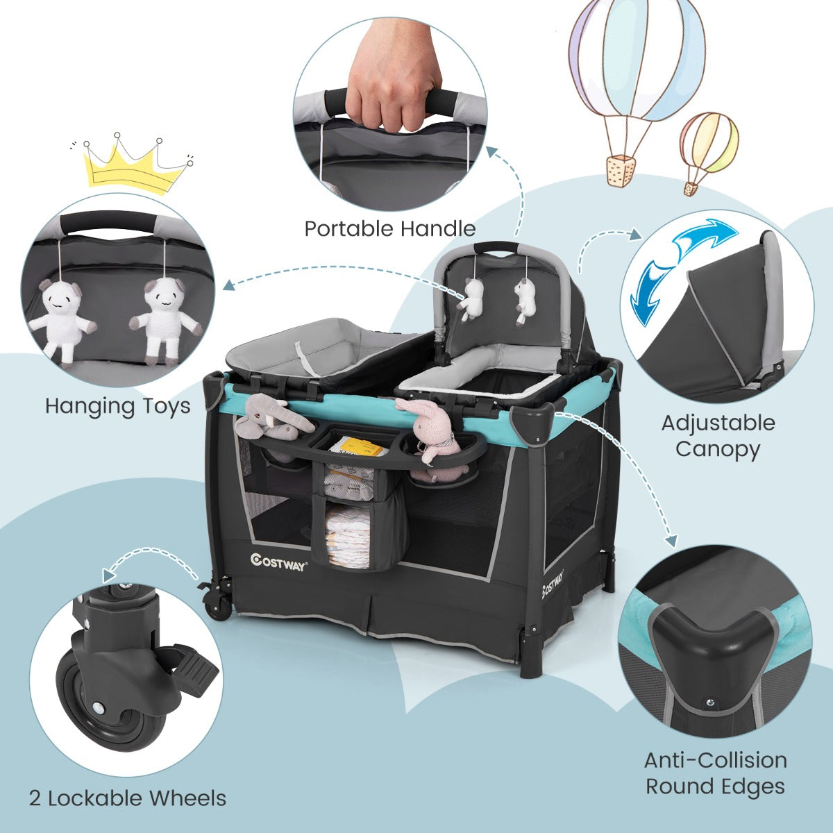 Livsk costway 5 in 1 babybedje opvouwbaar reisbedje met afneembare wieg ankleedkussen matras opbergrek groen 3