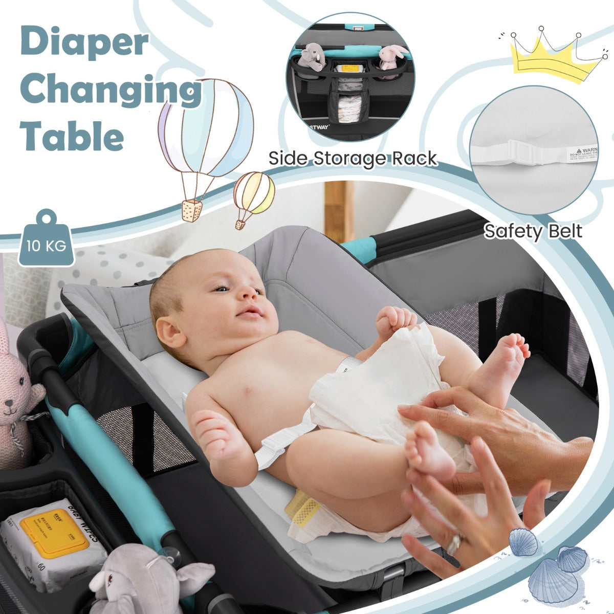 Livsk costway 5 in 1 babybedje opvouwbaar reisbedje met afneembare wieg ankleedkussen matras opbergrek groen 6