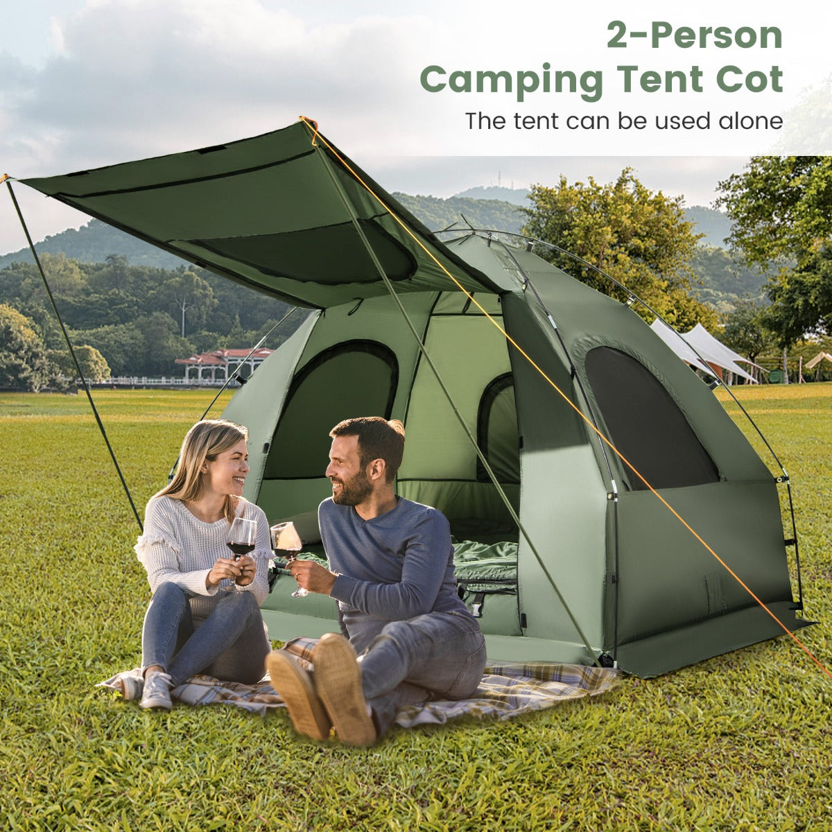 LIVSK Kampeerset 5-in-1 - 2-Persoonsbed, Tent, Luchtmatras, Slaapzakken - Waterdicht en Draagbaar - Groen