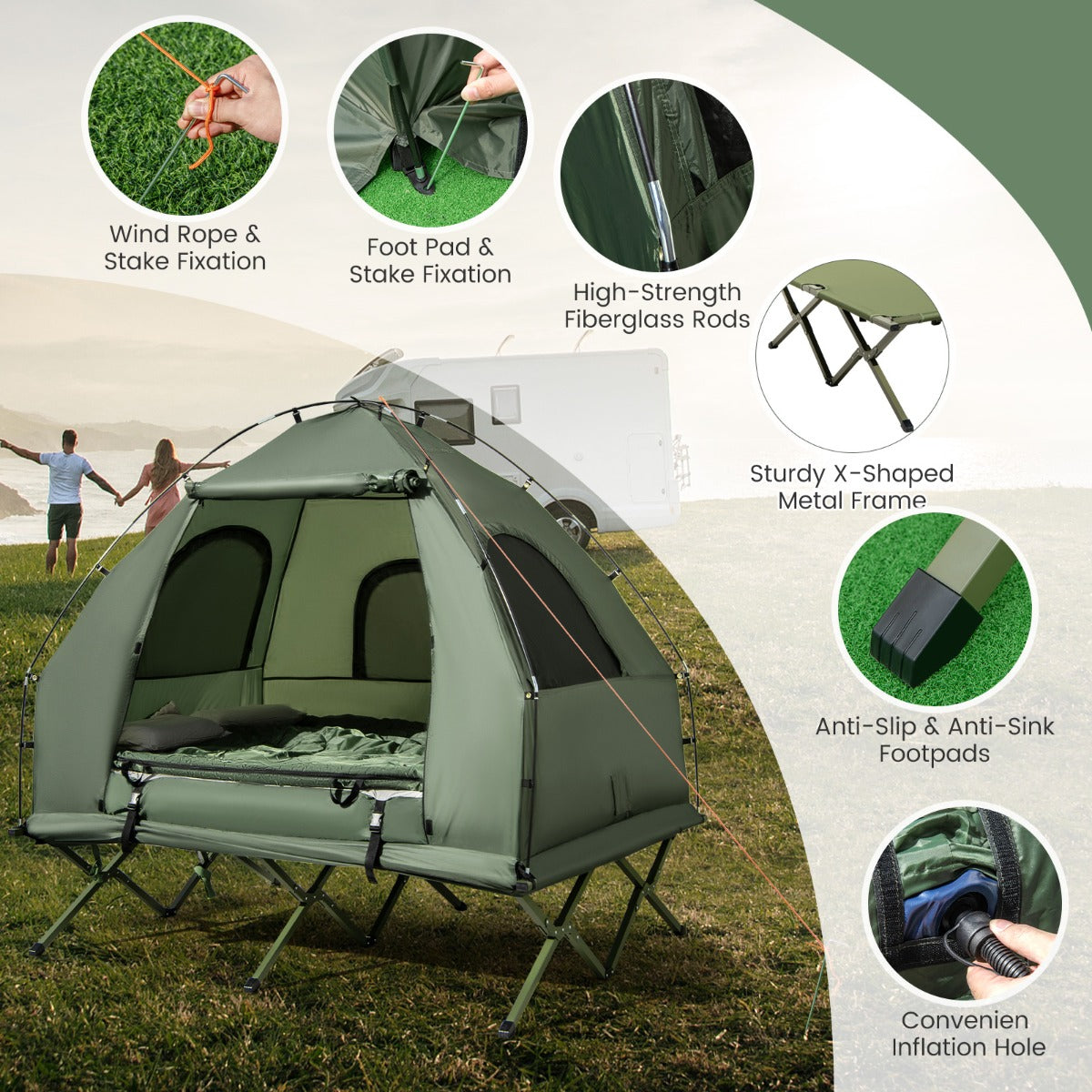 LIVSK Kampeerset 5-in-1 - 2-Persoonsbed, Tent, Luchtmatras, Slaapzakken - Waterdicht en Draagbaar - Groen