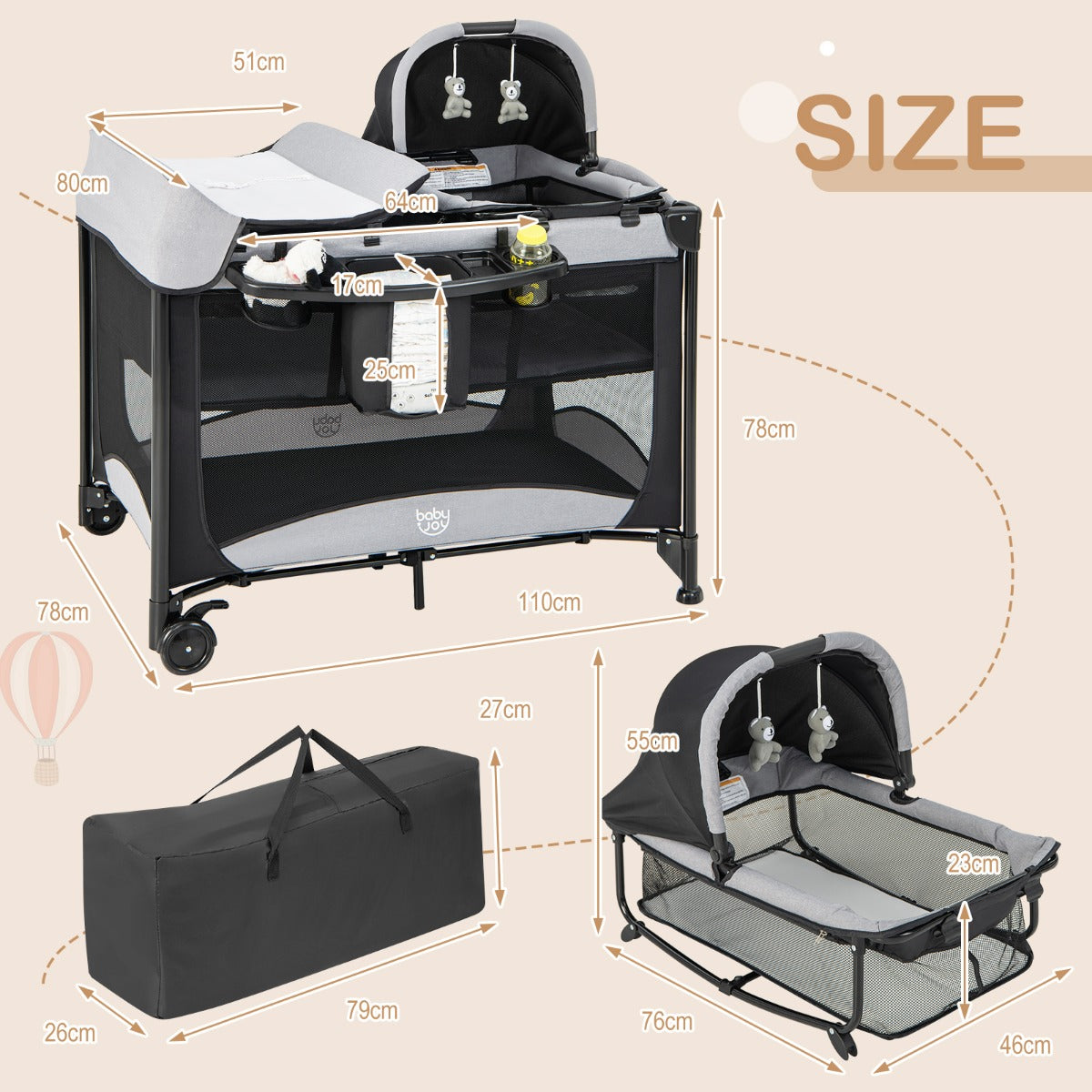 LIVSK 5-in-1 Baby Speelbox - Inclusief Wieg, Luiertafel & Activiteitencentrum - Veilig en Gemakkelijk te Verplaatsen - Zwart +