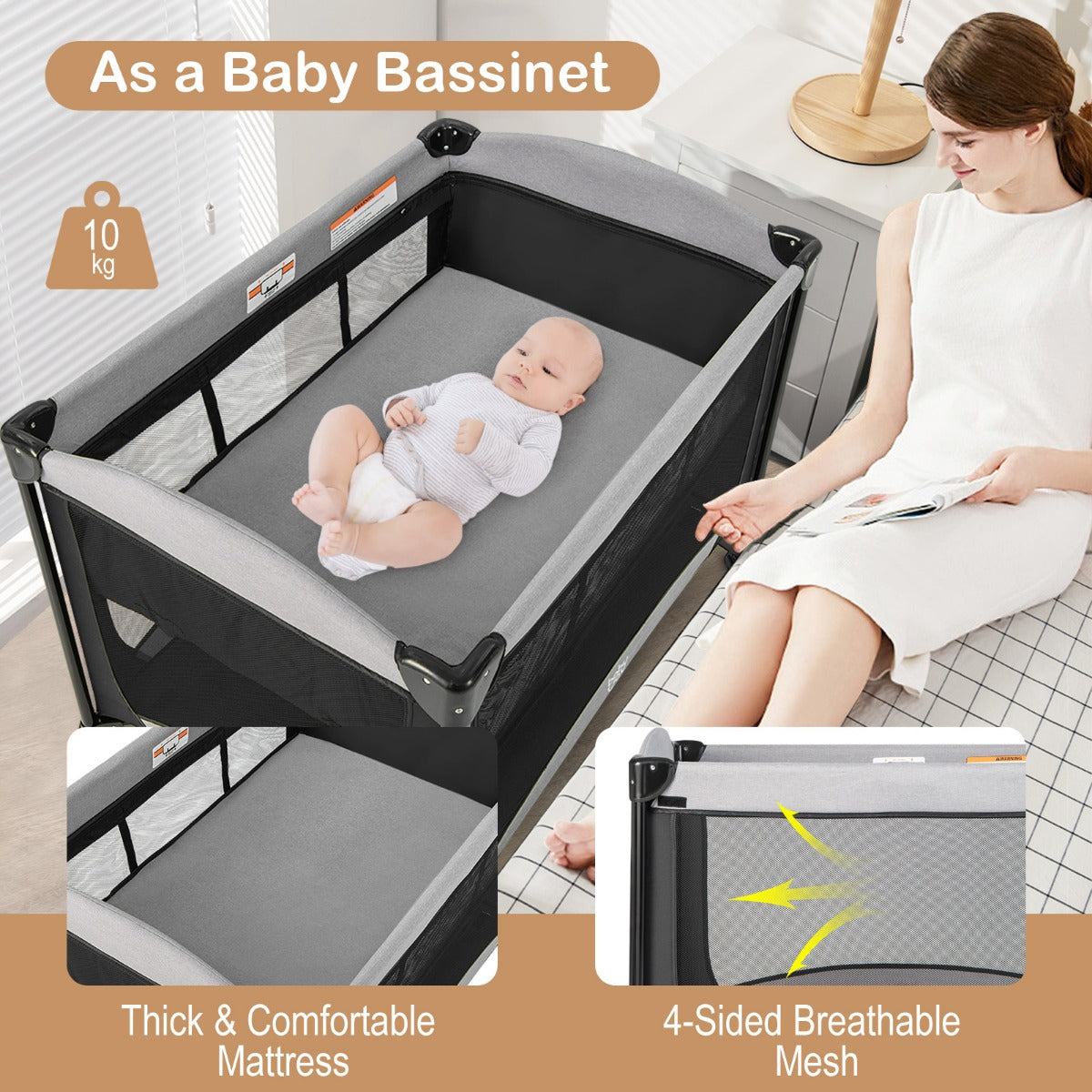 LIVSK 5-in-1 Baby Speelbox - Inclusief Wieg, Luiertafel & Activiteitencentrum - Veilig en Gemakkelijk te Verplaatsen - Zwart +