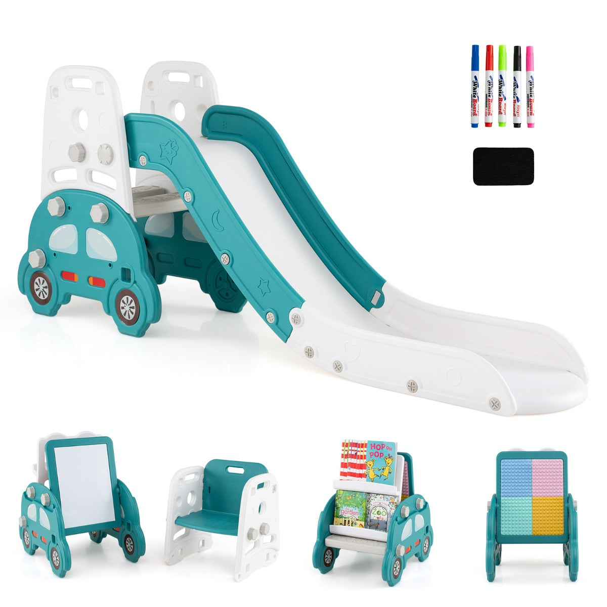 Livsk costway 5 in 1 glijbaan voor kinderen met klimladder stoel ezel boekenrek en bouwblokkenrek 1 1