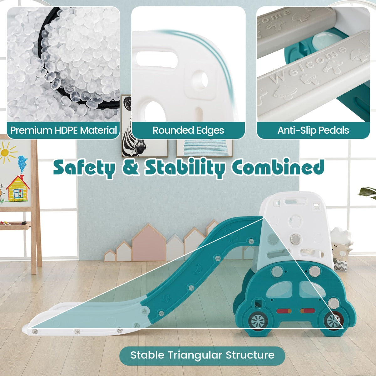 Livsk costway 5 in 1 glijbaan voor kinderen met klimladder stoel ezel boekenrek en bouwblokkenrek 5