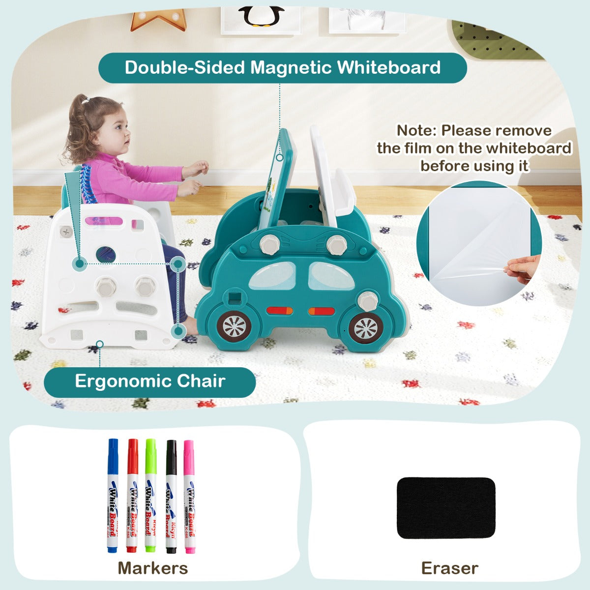 Livsk costway 5 in 1 glijbaan voor kinderen met klimladder stoel ezel boekenrek en bouwblokkenrek 6